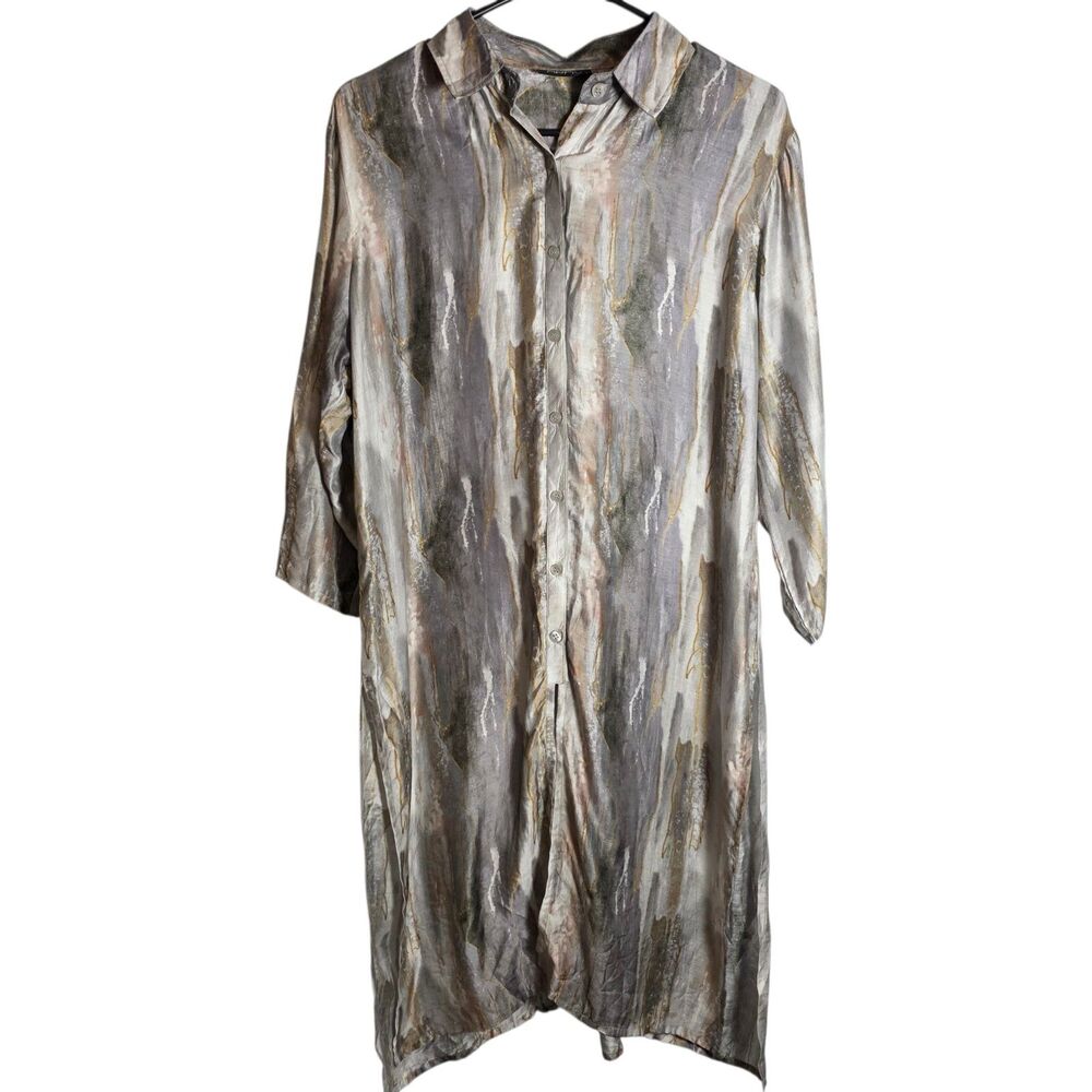 APNY Women's Button Up Duster Blouse Marble Abstract Gray Gold Size L Side Slits
